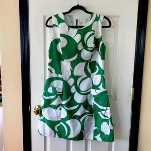 VGUC Boden retro print green/white fit-n-flare dress w/pockets hidden zipper